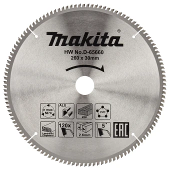 Диск пильный универсальный для алюминия/дерева/пластика Makita, 260x30x1.8 мм; 120 зубьев (D-65660)