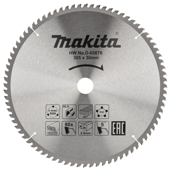 Диск пильный универсальный для алюминия/дерева/пластика Makita, 305x30x2.8/2 мм; 80 зубьев (D-65676)