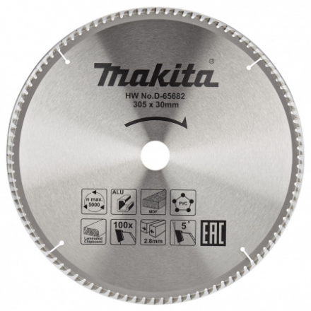 Диск пильный универсальный для алюминия/дерева/пластика Makita, 305x30x2.8/2 мм; 100 зубьев (D-65682)