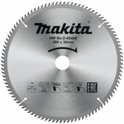 Диск пильный для дерева Makita, 260x30х1,8 100 зубьев (D-65408) Диск пильный для дерева Makita, 260x30х1,8 100 зубьев (D-65408)